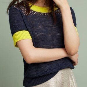 Like new! Anthropologie Ringer mesh navy and chartreuse knit top